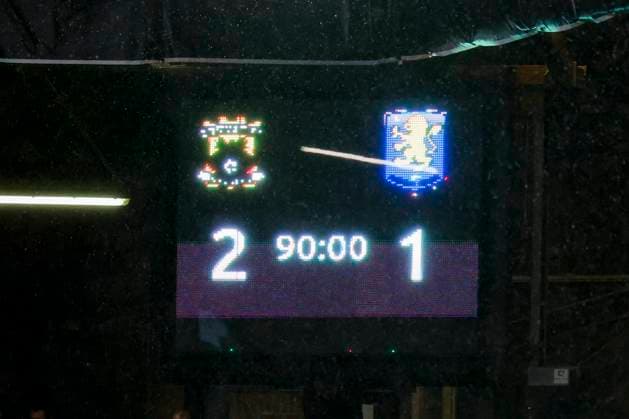 scoreboard final result 2-1 Go Ahead Eagles v Aston Villa FC, UEFA Europa League 2025 26 League Phase MD3, Go Ahead Eagles v Aston Villa FC, Stadion De Adelaarshorst, October 23, 2025, Deventer, Netherlands.