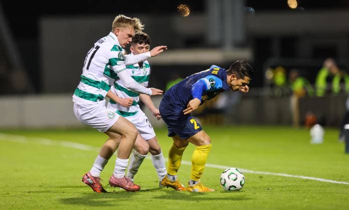 UEFA Europa Conference League Group Phase, Tallaght Stadium, Dublin 23 10 2025 Shamrock Rovers vs NK Celje Rovers Michael Noonan with Juanjo Nieto of NK Celje Michael Noonan with Juanjo Nieto 23 10 2025  Copyright: x INPHO RyanxByrnex RB1_5803