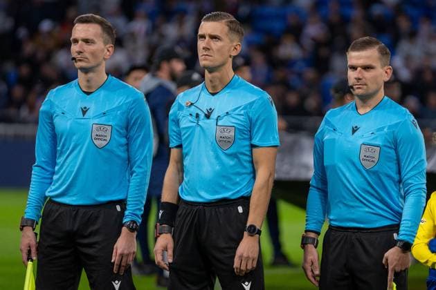 Lyon, France, October 23th 2025 Manfredas LukjanÄukas (ref LTU), Mangirdas Mirauskas (ref LTU) and Aleksandras Stepanovas (ref LTU) prior the Europa League football match between Olympique Lyon and FC Basel 1893 at OL Stadium in Lyon, France. Pascal von Büren (Pascal von Büren SPP) Copyright: xPascalxvonxBürenx xSPPx spp-en-PaVoBSp-PAVO_Lyon-47