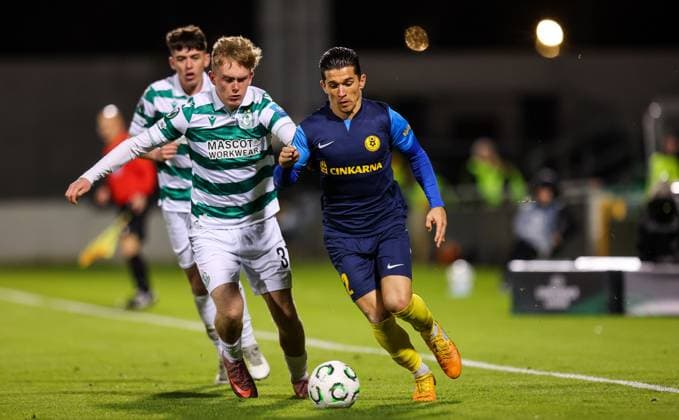 UEFA Europa Conference League Group Phase, Tallaght Stadium, Dublin 23 10 2025 Shamrock Rovers vs NK Celje Rovers Michael Noonan with Juanjo Nieto of NK Celje Michael Noonan with Juanjo Nieto 23 10 2025  Copyright: x INPHO RyanxByrnex RB1_5821