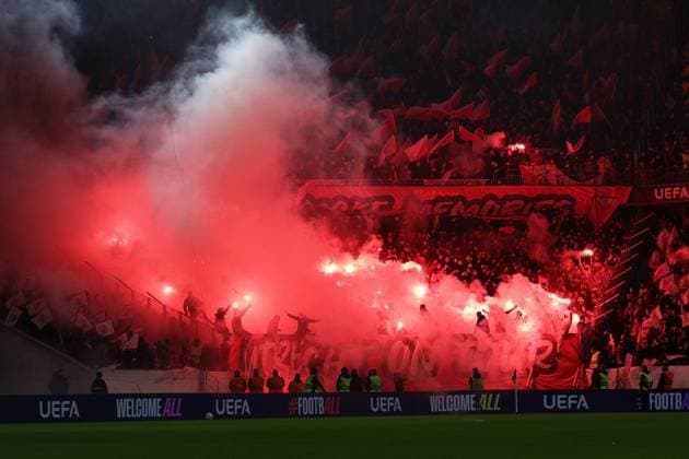 23 10 2025, xrekx, Football UEFA Europa League, SC Freiburg FC Utrecht v l FC Utrecht Pyrotechnics Fans ,Atmosphere, Scarves, Shirt, Flag, Banner, Ultras, Spectators, Visitors, Choreo, Choreography, atmosphere, spectators, Visitors DFL DFB REGULATIONS PROHIBIT ANY USE OF PHOTOGRAPHS as IMAGE SEQUENCES and or QUASI VIDEO Freiburg