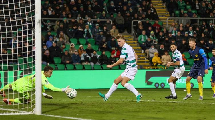 UEFA Europa Conference League Group Phase, Tallaght Stadium, Dublin 23 10 2025 Shamrock Rovers vs NK Celje Rovers Daniel Cleary has a shot saved by Å½an-Luk Leban of NK Celje Daniel Cleary has a shot saved by Å½an-Luk Leban 23 10 2025  Copyright: x INPHO RyanxByrnex RB2_2303