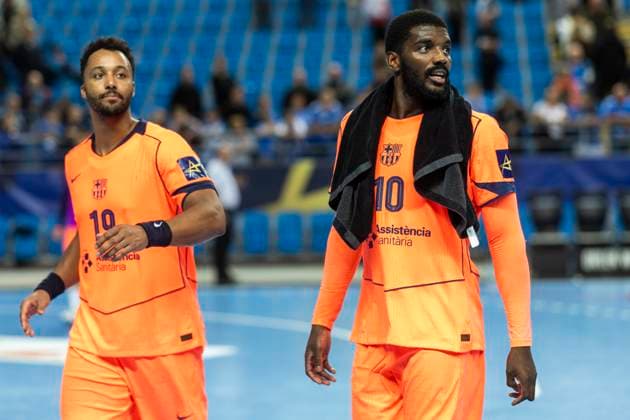 EHF Champions League - Orlen Wisla Plock v FC Barcelona, Barca Timothey N™Guessan, Dika Mem after the match EHF Champions League Men match between Orlen Wisla Plock and FC Barcelona in Plock, Poland on October 23, 2025.NO SALES POLAND Plock Poland  Copyright: xAndrzejxIwanczukx originalFilename:iwanczuk-ehfchamp251023_npDpo.jpg