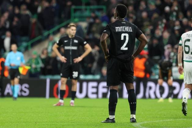 SOCCER - UEFA EL, Celtic vs Sturm GLASGOW,SCOTLAND,23.OCT.25 - SOCCER - UEFA Europa League, Celtic Glasgow vs SK Sturm Graz. Image shows the disappointment of Jeyland Mitchell (Sturm).  GEPAxpictures xChrisxBauer