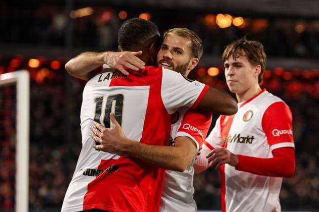 2025-10-23 Feyenoord v Panathinaikos - UEFA Europa League, League phase, MD3 ROTTERDAM, NETHERLANDS - OCTOBER 23: Cyle Larin of Feyenoord, Bart Nieuwkoop of Feyenoord celebrates after scoring the third goal of the team during the UEFA Europa League, League phase, MD3 match between Feyenoord and Panathinaikos at Stadion Feijenoord on October 23, 2025 in Rotterdam, Netherlands. Rotterdam Stadion Feijenoord Netherlands Content not available for redistribution in The Netherlands directly or indirectly through any third parties. Copyright: xHansxvanxderxValkx