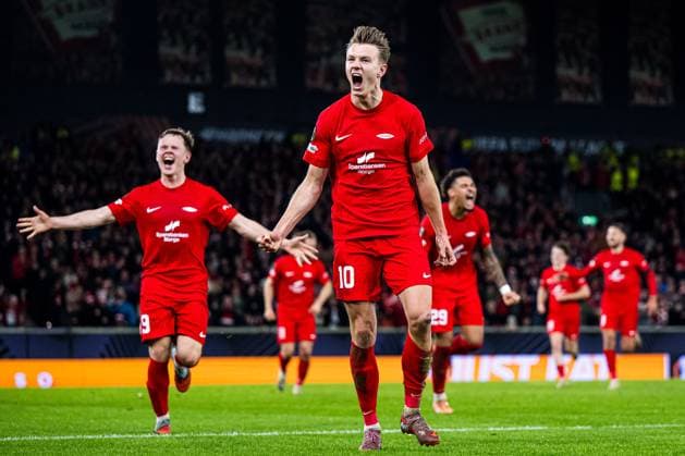 251023 Emil Kornvig of Brann celebrates after scoring the 1 0 goal during the UEFA Europa League football match between Brann and Rangers on October 23, 2025 in Bergen Photo Marius Simensen BILDBYRAN COP 238 MM0046 bbeng brann football fotball fotboll jubel rangers soccer uefa europa league  Copyright: MARIUSxSIMENSEN BB251023ZF050