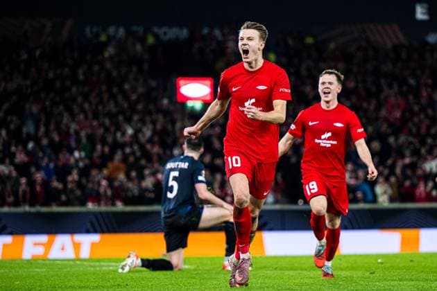 251023 Emil Kornvig of Brann celebrates after scoring the 1 0 goal during the UEFA Europa League football match between Brann and Rangers on October 23, 2025 in Bergen Photo Marius Simensen BILDBYRAN COP 238 MM0046 bbeng brann football fotball fotboll jubel rangers soccer uefa europa league  Copyright: MARIUSxSIMENSEN BB251023ZH050