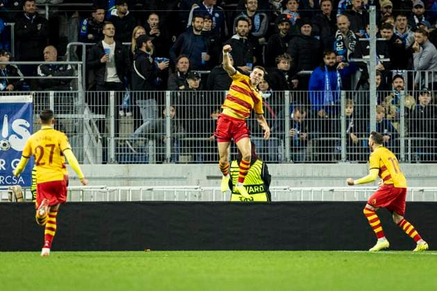 FOOTBALL: UEFA Conference League Racing Strasbourg (RCS) vs Jagiellonia Bialystok. 23 10 2025 Stade de la Meinau. Strasbourg - France Joie des joueurs de l equipe de Jagiellonia Bialystok. apres le but de DuÅ¡an StojinoviÄ‡ 3  Copyright: xelyxandroxcegarrax