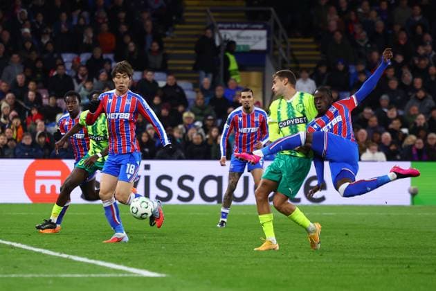 London, England, 23rd October 2025. Romain Esse of Crystal Palace has a shot on goal but fails to score during the Crystal Palace vs AEK Larnaca UEFA Conference League match at Selhurst Park, London. Picture credit should read: Paul Terry Sportimage EDITORIAL USE ONLY. No use with unauthorised audio, video, data, fixture lists, club league logos or live services. Online in-match use limited to 120 images, no video emulation. No use in betting, games or single club league player publications. SPI_039_PT_Crystal_Palace_Larnaca SPI-4231-0041