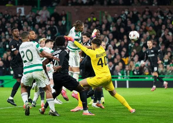 Benjamin Nygren of Celtic scores with a header past Matteo Bignetti of Sturm Graz to give Celtic. 2-1 lead. Celtic v Sturm Graz, UEFA Europa League, Group Stage, Football, Celtic Park, Glasgow, Scotland, UK - 23 Oct 2025Glasgow Celtic Park United Kingdom EDITORIAL USE ONLY No use with unauthorised audio, video, data, fixture lists, club league logos or live services. Online in-match use limited to 120 images, no video emulation. No use in betting, games or single club league player publications. Copyright: xStuartxWallace Shutterstockx 15567786cd