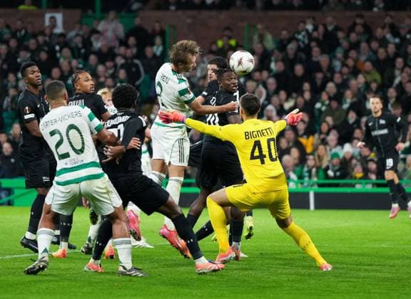 Benjamin Nygren of Celtic scores with a header past Matteo Bignetti of Sturm Graz to give Celtic. 2-1 lead. Celtic v Sturm Graz, UEFA Europa League, Group Stage, Football, Celtic Park, Glasgow, Scotland, UK - 23 Oct 2025Glasgow Celtic Park United Kingdom EDITORIAL USE ONLY No use with unauthorised audio, video, data, fixture lists, club league logos or live services. Online in-match use limited to 120 images, no video emulation. No use in betting, games or single club league player publications. Copyright: xStuartxWallace Shutterstockx 15567786ce