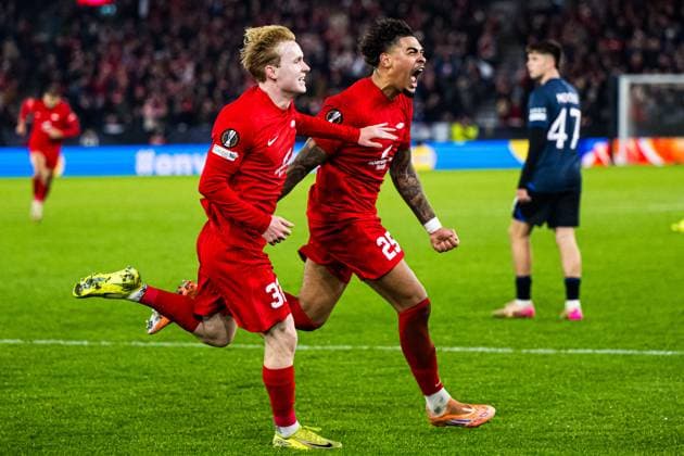 251023 Noah Jean Holm of Brann celebrates after scoring the 3 0 goal during the UEFA Europa League football match between Brann and Rangers on October 23, 2025 in Bergen Photo Marius Simensen BILDBYRAN COP 238 MM0046 bbeng brann football fotball fotboll jubel rangers soccer uefa europa league  Copyright: MARIUSxSIMENSEN BB251023ZY047