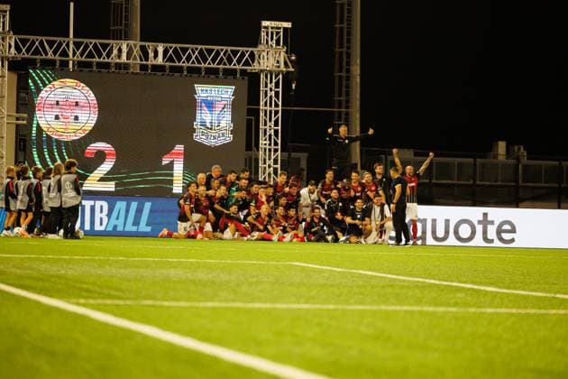 Lincoln players seen celebrating after scoring goal during UEFA Conference League league phase game between team of Lincoln Red Imps and Lech Poznan (Maciej Rogowski Ball Raw Images) Gibraltar Europa Sports Comples Gibraltar Copyright: xMaciejxRogowskix maciejrogowski_lincolnlech25_26-56