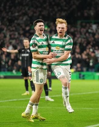 Liam Scales of Celtic celebrates with Colby Donovan of Celtic after scoring to tie the game 1-1. Celtic v Sturm Graz, UEFA Europa League, Group Stage, Football, Celtic Park, Glasgow, Scotland, UK - 23 Oct 2025Glasgow Celtic Park United Kingdom EDITORIAL USE ONLY No use with unauthorised audio, video, data, fixture lists, club league logos or live services. Online in-match use limited to 120 images, no video emulation. No use in betting, games or single club league player publications. Copyright: xStuartxWallace Shutterstockx 15567786by