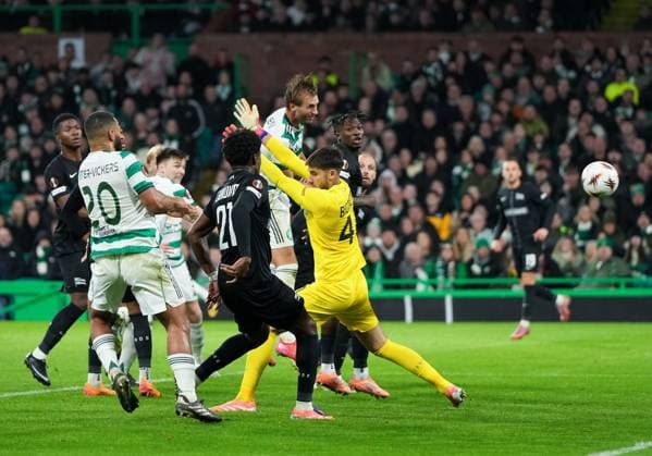 Benjamin Nygren of Celtic scores with a header past Matteo Bignetti of Sturm Graz to give Celtic. 2-1 lead. Celtic v Sturm Graz, UEFA Europa League, Group Stage, Football, Celtic Park, Glasgow, Scotland, UK - 23 Oct 2025Glasgow Celtic Park United Kingdom EDITORIAL USE ONLY No use with unauthorised audio, video, data, fixture lists, club league logos or live services. Online in-match use limited to 120 images, no video emulation. No use in betting, games or single club league player publications. Copyright: xStuartxWallace Shutterstockx 15567786cg