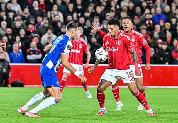 23rd October 2025; The City Ground, Nottingham, England; UEFA Europa League Football, Nottingham Forest versus Porto; Igor Jesus of Nottingham Forest controls the ball in the penalty area  GodfreyxPitt