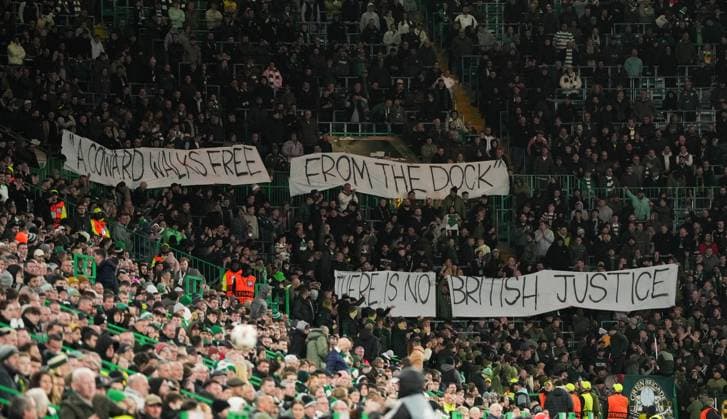 Celtic fans banner about Soldier F Celtic v Sturm Graz, UEFA Europa League, Group Stage, Football, Celtic Park, Glasgow, Scotland, UK - 23 Oct 2025Glasgow Celtic Park United Kingdom EDITORIAL USE ONLY No use with unauthorised audio, video, data, fixture lists, club league logos or live services. Online in-match use limited to 120 images, no video emulation. No use in betting, games or single club league player publications. Copyright: xStuartxWallace Shutterstockx 15567786cj