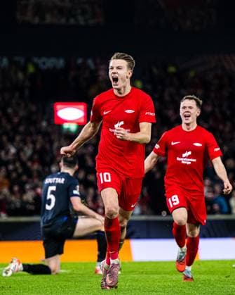 251023 Emil Kornvig of Brann celebrates after scoring the 1 0 goal during the UEFA Europa League football match between Brann and Rangers on October 23, 2025 in Bergen Photo Marius Simensen BILDBYRAN COP 238 MM0046 bbeng brann football fotball fotboll jubel rangers soccer uefa europa league  Copyright: MARIUSxSIMENSEN BB251023ZF053