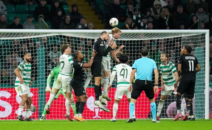 Liam Scales of Celtic heads the ball clear from Jon Gorenc Stankovic of Sturm Graz Celtic v Sturm Graz, UEFA Europa League, Group Stage, Football, Celtic Park, Glasgow, Scotland, UK - 23 Oct 2025Glasgow Celtic Park United Kingdom EDITORIAL USE ONLY No use with unauthorised audio, video, data, fixture lists, club league logos or live services. Online in-match use limited to 120 images, no video emulation. No use in betting, games or single club league player publications. Copyright: xStuartxWallace Shutterstockx 15567786cx