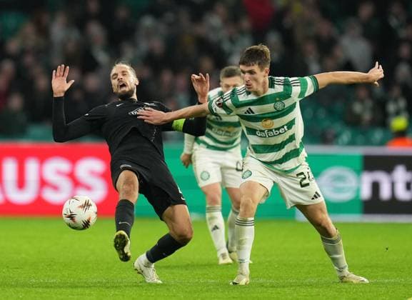 Johnny Kenny of Celtic & Jon Gorenc Stankovic of Sturm Graz Celtic v Sturm Graz, UEFA Europa League, Group Stage, Football, Celtic Park, Glasgow, Scotland, UK - 23 Oct 2025Glasgow Celtic Park United Kingdom EDITORIAL USE ONLY No use with unauthorised audio, video, data, fixture lists, club league logos or live services. Online in-match use limited to 120 images, no video emulation. No use in betting, games or single club league player publications. Copyright: xStuartxWallace Shutterstockx 15567786cv