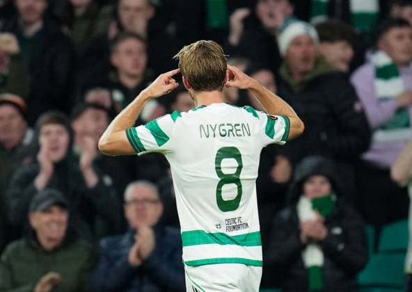 Benjamin Nygren of Celtic celebrates scoring to give Celtic a 2-1 lead. Celtic v Sturm Graz, UEFA Europa League, Group Stage, Football, Celtic Park, Glasgow, Scotland, UK - 23 Oct 2025Glasgow Celtic Park United Kingdom EDITORIAL USE ONLY No use with unauthorised audio, video, data, fixture lists, club league logos or live services. Online in-match use limited to 120 images, no video emulation. No use in betting, games or single club league player publications. Copyright: xStuartxWallace Shutterstockx 15567786cq