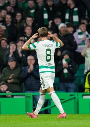 Benjamin Nygren of Celtic celebrates scoring to give Celtic a 2-1 lead. Celtic v Sturm Graz, UEFA Europa League, Group Stage, Football, Celtic Park, Glasgow, Scotland, UK - 23 Oct 2025Glasgow Celtic Park United Kingdom EDITORIAL USE ONLY No use with unauthorised audio, video, data, fixture lists, club league logos or live services. Online in-match use limited to 120 images, no video emulation. No use in betting, games or single club league player publications. Copyright: xStuartxWallace Shutterstockx 15567786cp