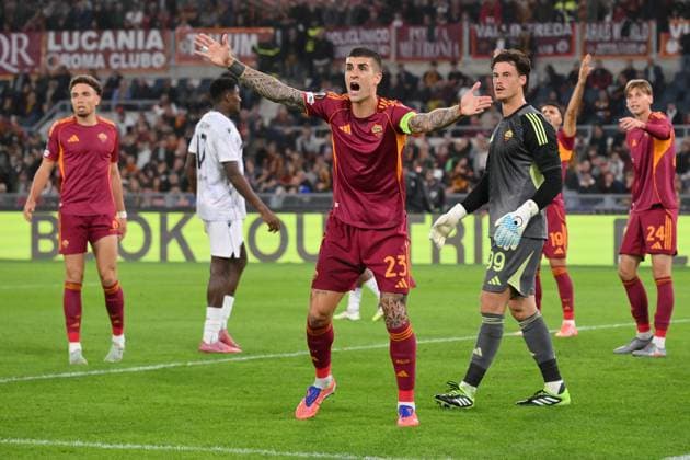 23rd October 2025, Stadio Olimpico, Rome, Italy; UEFA Europa League Football; Roma versus Viktoria Plezen; Gianluca Mancini of AS Roma shows his disappointment at a missed scoring chance  AllShotLive