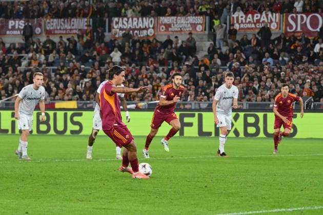 23rd October 2025, Stadio Olimpico, Rome, Italy; UEFA Europa League Football; Roma versus Viktoria Plezen; Paulo Dybala of AS Roma shoots and scores the goal for 1-2 from a 51st minute penalty kick  AllShotLive