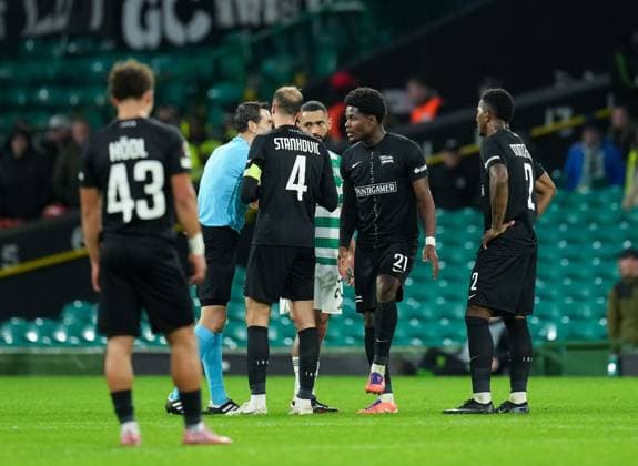 Referee Juan Martinez Munuera sneds Tochi Chukwuani of Sturm Graz off for a straight red card challenge on Celtic captain Callum McGregor. Celtic v Sturm Graz, UEFA Europa League, Group Stage, Football, Celtic Park, Glasgow, Scotland, UK - 23 Oct 2025Glasgow Celtic Park United Kingdom EDITORIAL USE ONLY No use with unauthorised audio, video, data, fixture lists, club league logos or live services. Online in-match use limited to 120 images, no video emulation. No use in betting, games or single club league player publications. Copyright: xStuartxWallace Shutterstockx 15567786db