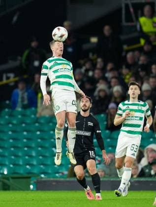 Celtic captain Callum McGregor heads the ball above Otar Kiteishvili of Sturm Graz. Celtic v Sturm Graz, UEFA Europa League, Group Stage, Football, Celtic Park, Glasgow, Scotland, UK - 23 Oct 2025Glasgow Celtic Park United Kingdom EDITORIAL USE ONLY No use with unauthorised audio, video, data, fixture lists, club league logos or live services. Online in-match use limited to 120 images, no video emulation. No use in betting, games or single club league player publications. Copyright: xStuartxWallace Shutterstockx 15567786cy