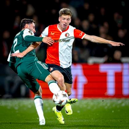 Panathinaikos FC defender Davide Calabria, SC Feyenoord Rotterdam defender Gijs Smal during the match SC Feyenoord Rotterdam vs Panathinaikos FC at the Stadium De Kuip for the Europa League - League phase - Matchday 3 season 2025-2026 in ROTTERDAM, Netherlands on 23 oktober 2025, (photo by Marcel van Dorst EYE4images DeFodi Images) Panathinaikos FC defender Davide Calabria, SC Feyenoord Rotterdam defender Gijs Smal during the match SC Feyenoord Rotterdam vs Panathinaikos FC at the Stadium De Kuip for the Europa League League phase Matchday 3 season 2025 2026 in ROTTERDAM, Netherlands on 23 oktober 2025, photo by Marcel van Dorst EYE4images DeFodi Images