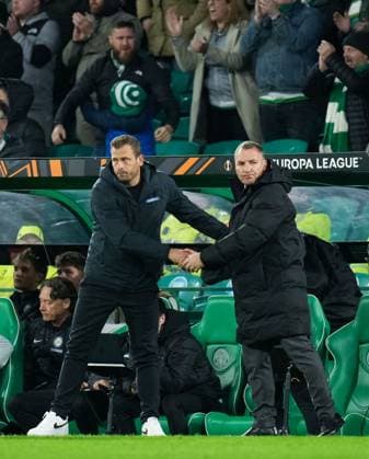 Sturm Graz Head Coach Jurgen Samuel & Celtic Manager Brendan Rodgers shake hands at full-time. Final score Celtic 2 Sturm Graz 1. Celtic v Sturm Graz, UEFA Europa League, Group Stage, Football, Celtic Park, Glasgow, Scotland, UK - 23 Oct 2025Glasgow Celtic Park United Kingdom EDITORIAL USE ONLY No use with unauthorised audio, video, data, fixture lists, club league logos or live services. Online in-match use limited to 120 images, no video emulation. No use in betting, games or single club league player publications. Copyright: xStuartxWallace Shutterstockx 15567786df