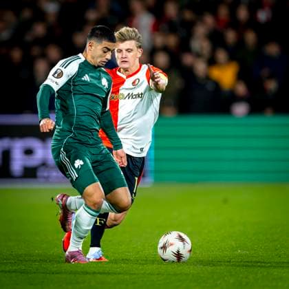 Panathinaikos FC forwarder Anass Zaroury, SC Feyenoord Rotterdam midfielder Sem Steijn during the match SC Feyenoord Rotterdam vs Panathinaikos FC at the Stadium De Kuip for the Europa League - League phase - Matchday 3 season 2025-2026 in ROTTERDAM, Netherlands on 23 oktober 2025, (photo by Marcel van Dorst EYE4images DeFodi Images) Panathinaikos FC forwarder Anass Zaroury, SC Feyenoord Rotterdam midfielder Sem Steijn during the match SC Feyenoord Rotterdam vs Panathinaikos FC at the Stadium De Kuip for the Europa League League phase Matchday 3 season 2025 2026 in ROTTERDAM, Netherlands on 23 oktober 2025, photo by Marcel van Dorst EYE4images DeFodi Images