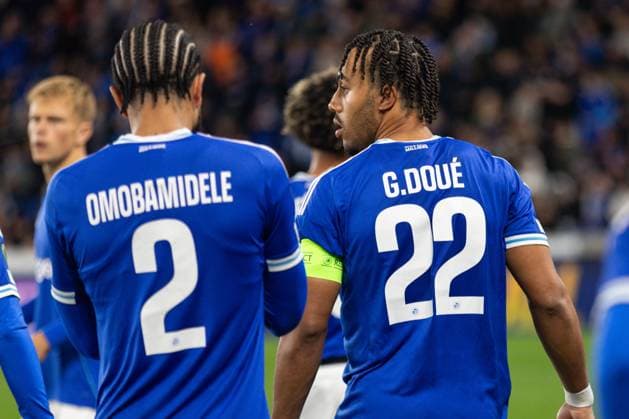 2025.10.23 Strasbourg Liga Konferencji UEFA kolejka 2 sezon 2025 2026 Racing Strasbourg - Jagiellonia Bialystok Nz Guela Doue Andrew Omobamidele Foto Sathire KELPA ArenaAkcji 2025.10.23 Strasbourg football UEFA Conference League round 2 season 2025 2026 match Racing Strasbourg - Jagiellonia Bialystok Credit: Sathire KELPA ArenaAkcji NEWSPIX.PL --- newspix.pl 