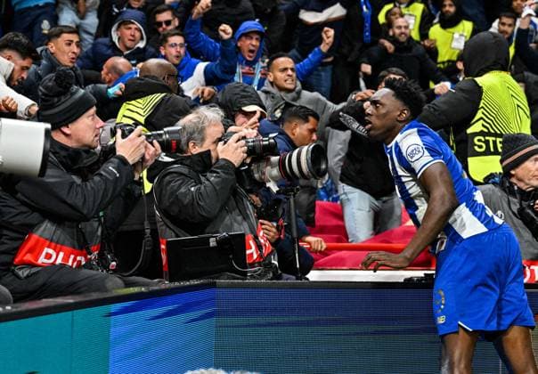 23rd October 2025; The City Ground, Nottingham, England; UEFA Europa League Football, Nottingham Forest versus Porto; Samu Aghehowa of FC Porto celebrates in front of the photographers and away fans but the goal is ruled out for offside after a VAR review  GodfreyxPitt