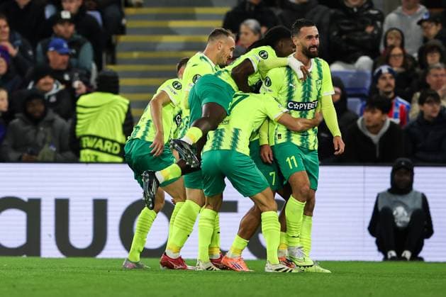 23rd October 2025; Selhurst Park, Selhurst, London, England; Europa Conference League Football, Crystal Palace versus Larnaca; Riad Bajic of AEK Larnaca celebrates scoring his sides 1st goal of the match in the 51st minute for 0-1 with his team  HenningxvonxJagow