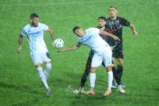 HNK Rijeka v AC Sparta Praha: UEFA Conference League Ante Majstorovic and Dejan Petrovic of HNK Rijeka competes for the ball with Albion Rrahmani and Jan Kuchta of Sparta Praha during the UEFA Conference League group phase matchday 2 between HNK Rijeka and AC Sparta Praha at HNK Rijeka Stadium on October 23, 2025. in Rijeka, Croatia.  NelxPavletic PIXSELL