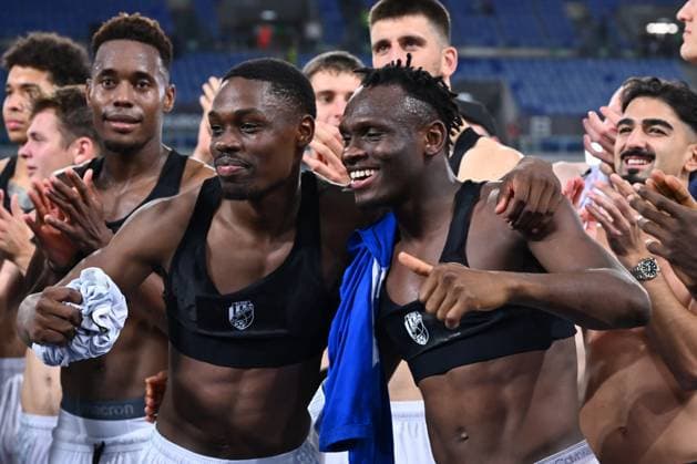 Cheick Souare of F.C. Viktoria Plzen and Prince Kwabena of F.C. Viktoria Plzen celebrates at the end of the UEFA Europa League phase day 3 football match between between A.S. Roma and F.C. Viktoria Plzen at the Olympic Stadium on October 23, 2025 in Rome, Italy.  Copyright: xDomenicoxCippitelli IPAxSportx xipa-agency.netx xx IPA_66994826 IPA_Agency_IPA66994826