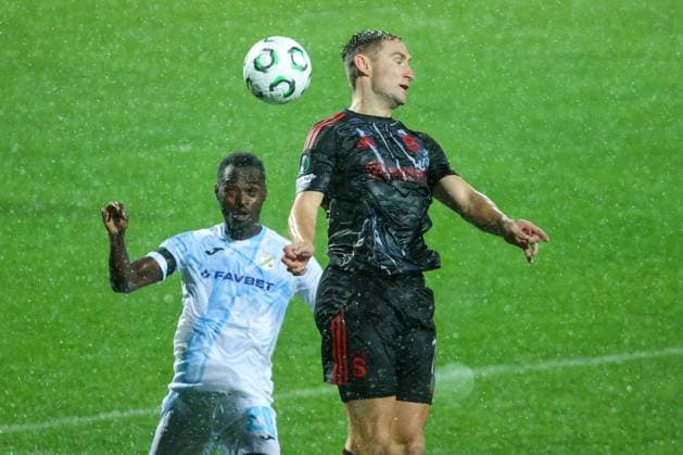 HNK Rijeka v AC Sparta Praha: UEFA Conference League Merveil Ndockyt of HNK Rijeka and Jan Kuchta of Sparta Praha copetes for the ball during the UEFA Conference League group phase matchday 2 between HNK Rijeka and AC Sparta Praha at HNK Rijeka Stadium on October 23, 2025. in Rijeka, Croatia.  NelxPavletic PIXSELL