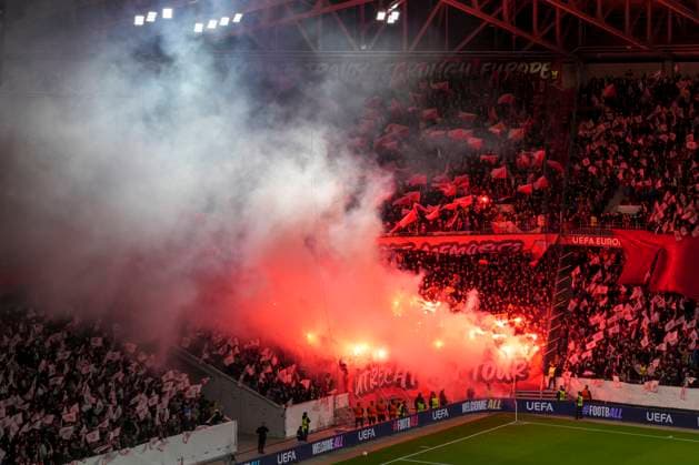 Choreography of the fans, Ultras, banners, flags, scarf, grandstand, choreography, pyrotechnics, Bengalo, fire, smoke, pyro , Germany, football, UEFA Europa League, matchday 3, league phase, 2025 2026, SC Freiburg vs FC Utrecht, 23 10 2025, Europa Park Stadion, Freiburg, Germany Freiburg Europa Park Stadion Baden Württemberg Germany Copyright: xArnexAmbergx