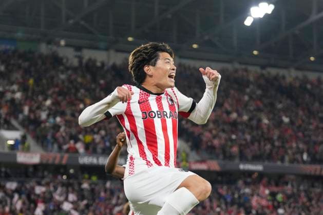 Yuito Suzuki SC Freiburg, 14 goal celebration, emotions, shot on goal, finish, goal success, goal, goal , Germany, football, UEFA Europa League, matchday 3, league phase, 2025 2026, SC Freiburg vs FC Utrecht, 23 10 2025, Europa Park Stadion, Freiburg, Germany Freiburg Europa Park Stadion Baden Württemberg Germany Copyright: xArnexAmbergx