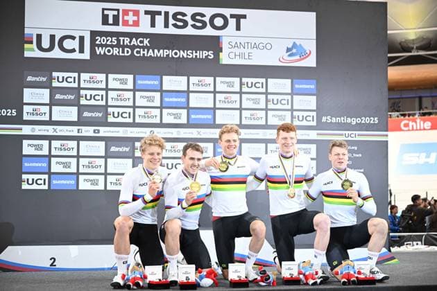 23-10-2025 World Championships Elite Track; Giornata 02; 2025, Danimarca; Hansen, Tobias; Larsen, Niklas; Madsen, Frederik; Pedersen, Rasmus; Leth, Lasse; Santiago Del Cile - Velodromo Penalolen; 
