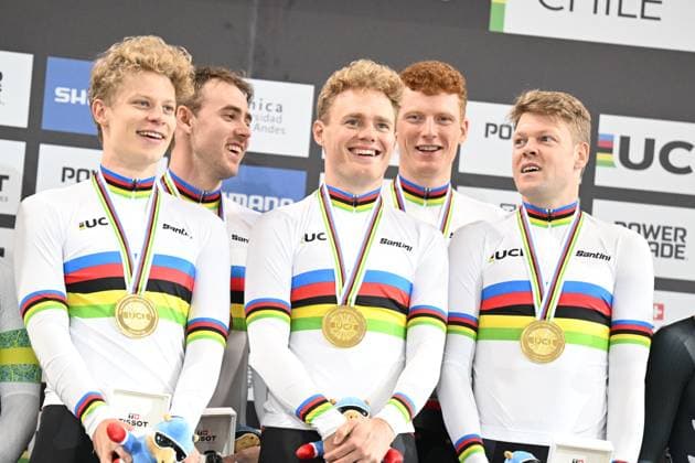 23-10-2025 World Championships Elite Track; Giornata 02; 2025, Danimarca; Hansen, Tobias; Larsen, Niklas; Madsen, Frederik; Pedersen, Rasmus; Leth, Lasse; Santiago Del Cile - Velodromo Penalolen; 