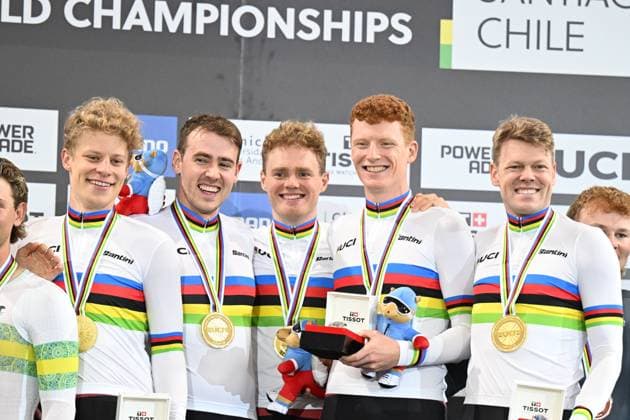 23-10-2025 World Championships Elite Track; Giornata 02; 2025, Danimarca; Hansen, Tobias; Larsen, Niklas; Madsen, Frederik; Pedersen, Rasmus; Leth, Lasse; Santiago Del Cile - Velodromo Penalolen; 