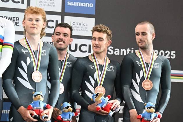 23-10-2025 World Championships Elite Track; Giornata 02; 2025, New Zealand; Sexton, Thomas; Erwood, Marshall; Horbblow, Keegan; Kergozou De La Boessiere, Nicholas; Santiago Del Cile - Velodromo Penalolen; 