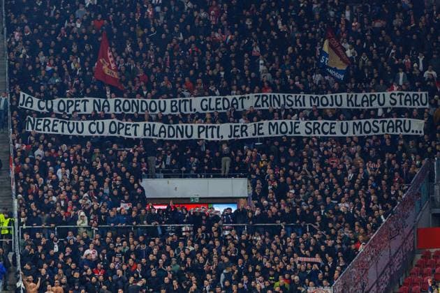 MAINZ, DEUTSCHLAND - OCTOBER 23: The visiting fans hold up a protest banner during the match between 1. FSV Mainz 05 vs. HäK Zrinjski Mostar at MEWA Arena on matchday 2 on October 23, 2025 in Mainz, Deutschland. Rheinland-Pfalz Deutschland Copyright: xBEAUTIFULxSPORTS Hahnex