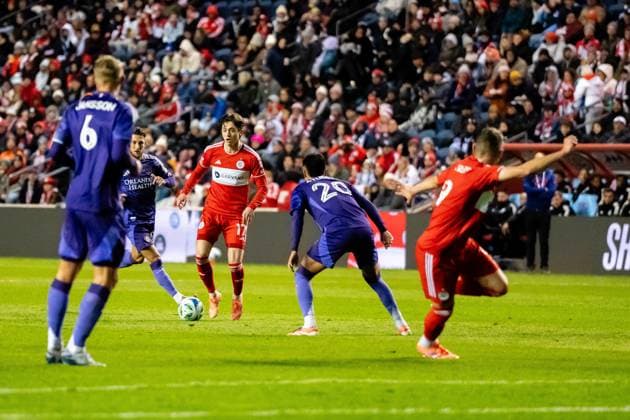 October 23, 2025, Bridgeview, Illinois, United States: Chicago Fire Midfielder Brian GutiÃ rrez (17) and Orlando City Midfielder Eduard Atuesta (20) in action during the Chicago Fire FC vs Orlando City Wildcard match at SeatGeek Stadium. Final Score: Chicago Fire 3:1 Orlando City Bridgeview United States - ZUMAs197 20251023_aaa_s197_385 Copyright: xRajxChavdax