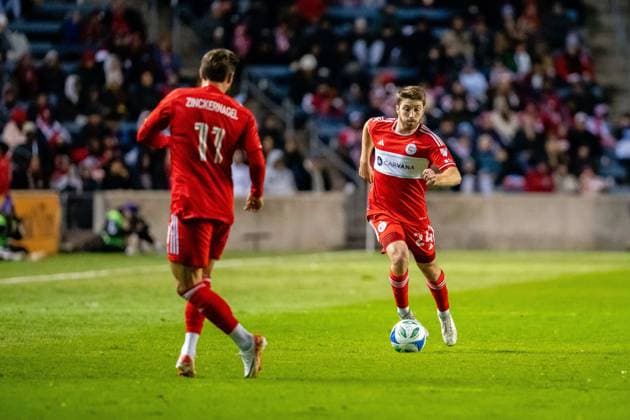 October 23, 2025, Bridgeview, Illinois, United States: Chicago Fire Midfielder Jonathan Dean (24) and Chicago Fire Forward Philip Zinckernagel (11) in action during the Chicago Fire FC vs Orlando City Wildcard match at SeatGeek Stadium. Final Score: Chicago Fire 3:1 Orlando City Bridgeview United States - ZUMAs197 20251023_aaa_s197_391 Copyright: xRajxChavdax