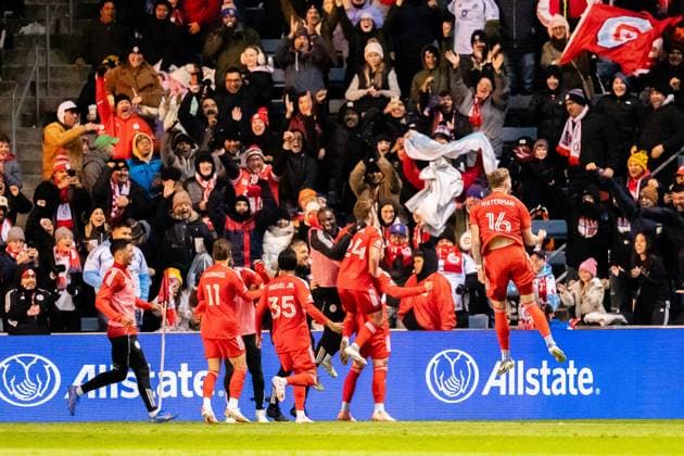 October 23, 2025, Bridgeview, Illinois, United States: Chicago Fire players Forward Hugo Cuypers (9), Midfielder Jonathan Dean (24), Defender Joel Waterman (16) and rest of the Chicago players celebrate a goal during the Chicago Fire FC vs Orlando City Wildcard match at SeatGeek Stadium. Final Score: Chicago Fire 3:1 Orlando City Bridgeview United States - ZUMAs197 20251023_aaa_s197_395 Copyright: xRajxChavdax
