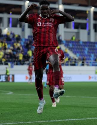 Maccabi Tel-Aviv v Midtjylland, UEFA Europa League 2025 2026 Backa Topola, Serbia. 23rd October 2025. Midtjylland s Dju Franculino celebrates goal during the UEFA Europa League football match between Maccabi Tel-Aviv and Midtjylland in Backa Topola, Serbia on Oct. 23, 2025. Backa Topola Serbia Copyright: xPedjaxMilosavljevic STARSPORTx x